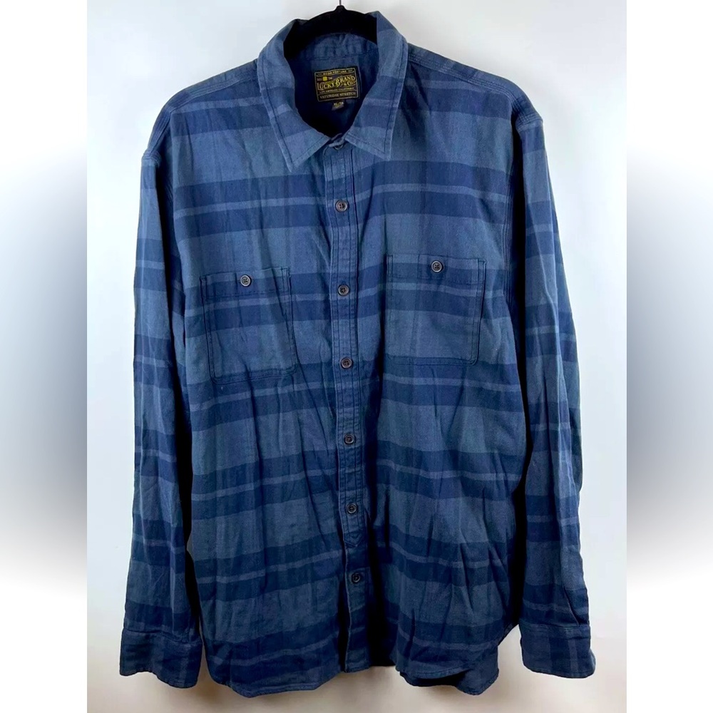 Lucky Brand Mens XL Blue Striped Flannel Cotton Button Up Shirt Long Sleeve Camp
